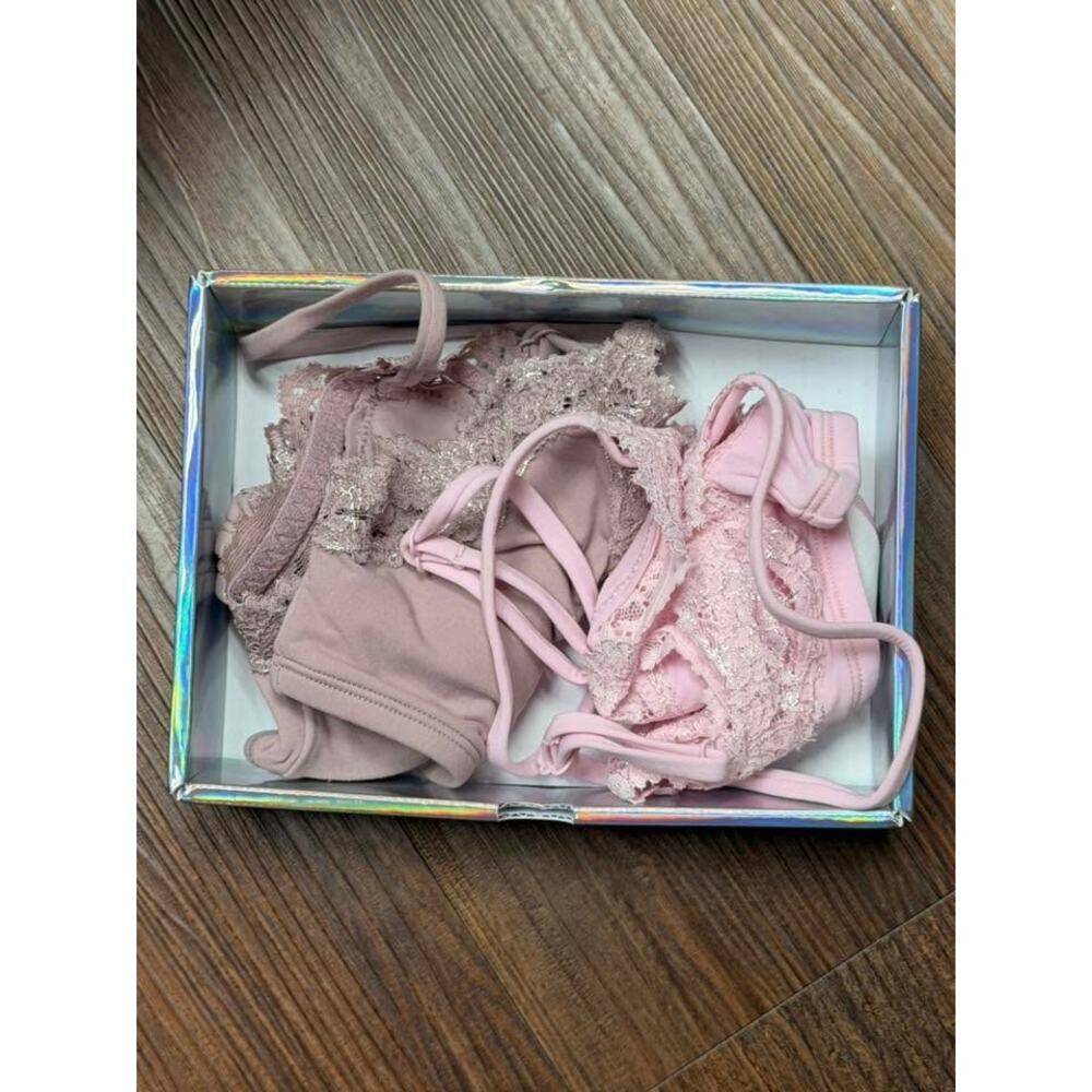 SKIMS FE LACE Scoop Bralette 2-Pack Cherry Blossom & Dusk Foil Size M NWT #0024